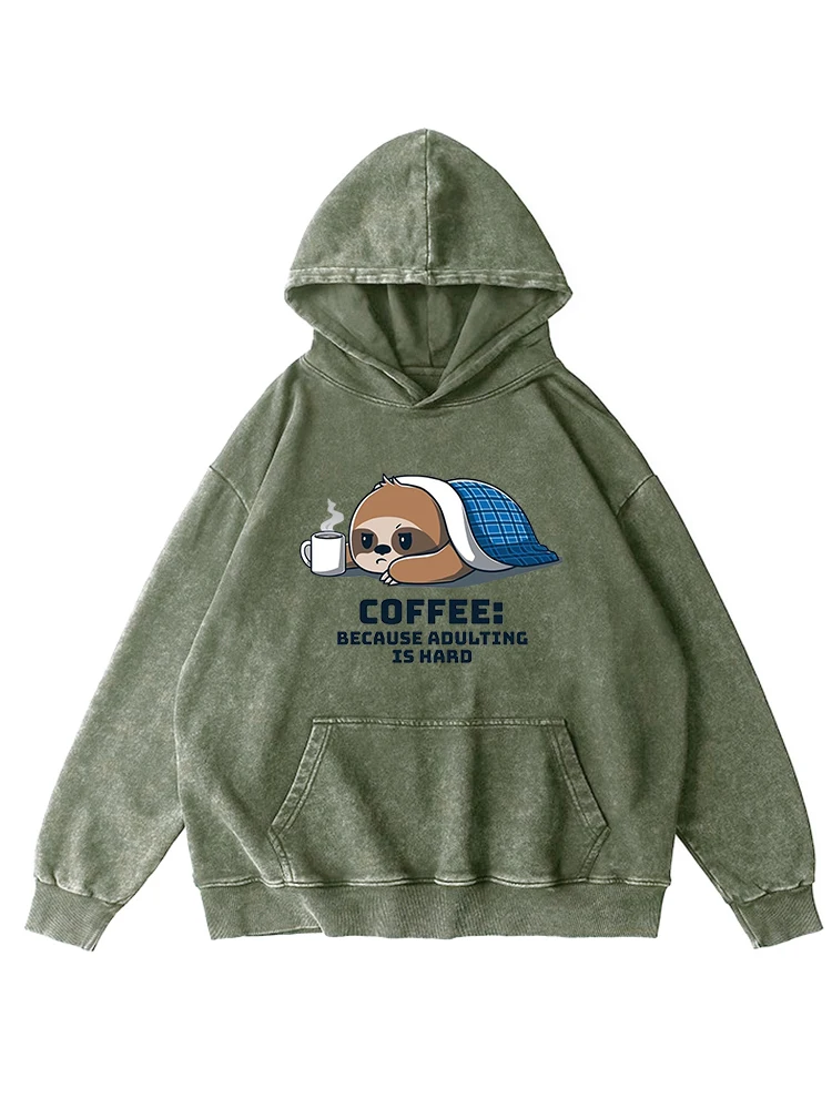 Koalas Drinking Coffee Print Woman Distressed Hoodie Vintage Warm Washed Hooded Casual Soft Cotton Simple Loose Clothes Female