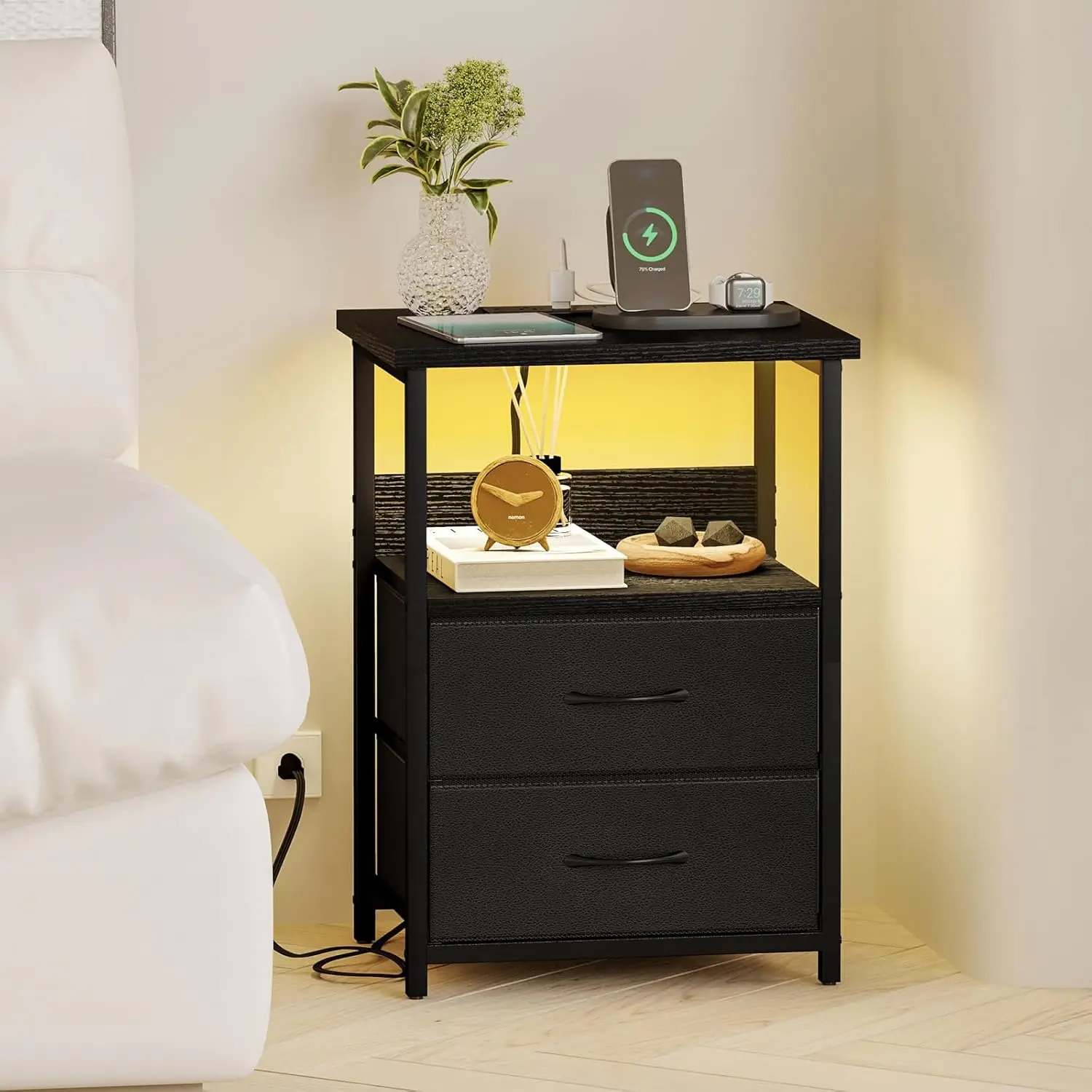 Night Stand with Charging Station, LED Nightstand with U-S-B Ports and Outlets, 2 Fabric Storage Drawers with PU Finish, Smal