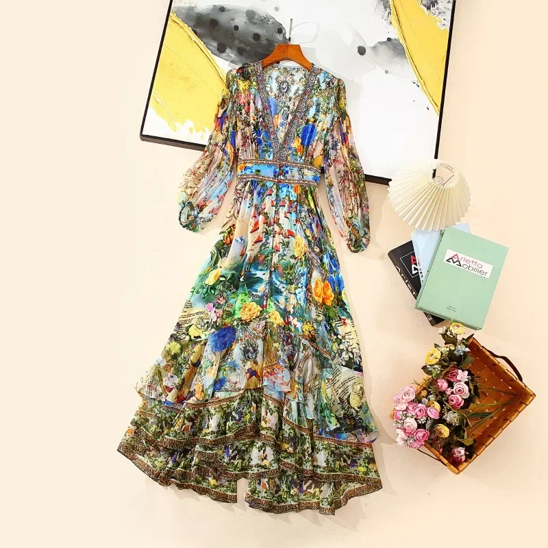 Silk dress, light luxury and high-end, retro temperament fairy flower dress
