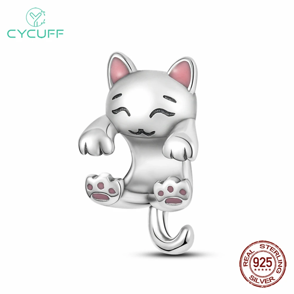 CYCUFF Hot Sale Charms 925 Sterling Silver Original Bracelet Cute Cat With Blue Zircon Red Heart Charms Beads Fine DIY Jewelry