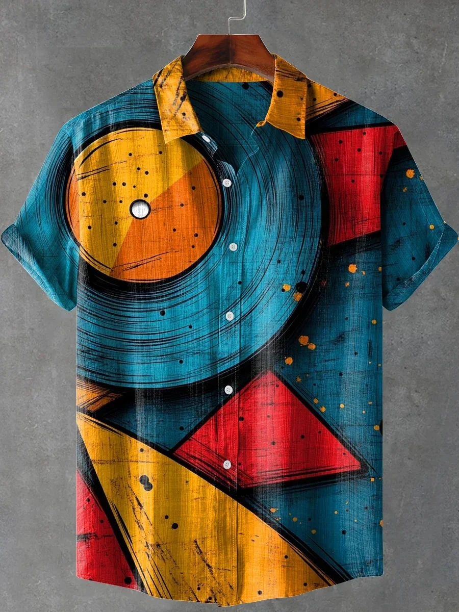 Mens Summer 2025 Comfortable Linen Short Sleeve Shirt Elegant Symmetrical Graphic Art Print Mens Casual Tops