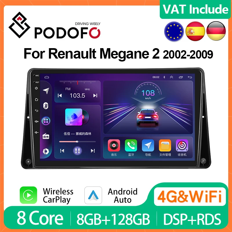 Podofo 8G+128G CarPlay For Renault Megane 2 2002-2009 Android Car Radio 4G Multimedia Player 2din Head Unit HiFi DSP RDS Stereo