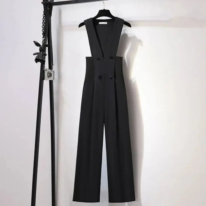 

BlackSuspenders Ladies Temperament Spring Autumn New Slim Belly Cover Design Sense High Waist Temperament Wide Leg Suit Jumpsuit