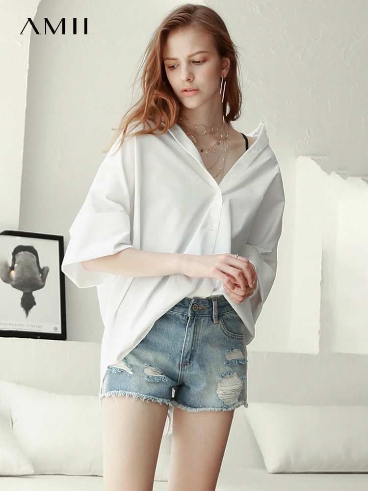 AMII Minimalism Oversize Women\'s Shirt 2024 Summer New 100% Cotton Loose 4 Colors Chic Elegant and Youth Woman Blouses 12312007