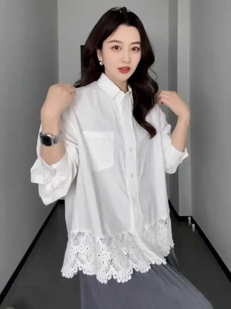 

plus Size Lace Splice White Shirt Women's Spring New Style Loose Slimming Inner Wear Layered Top Korean Style Long Sleeve