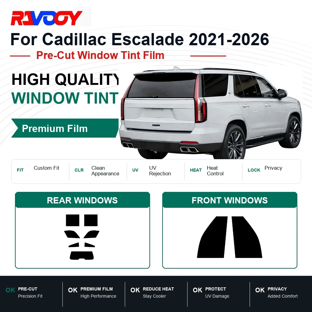 Film teinté pour fenêtres RAVOOY, film EPU réutilisable et amovible, ajustement personnalisé pour Cadillac Escalade IQ 2025-2026, protection contre les UV et la chaleur