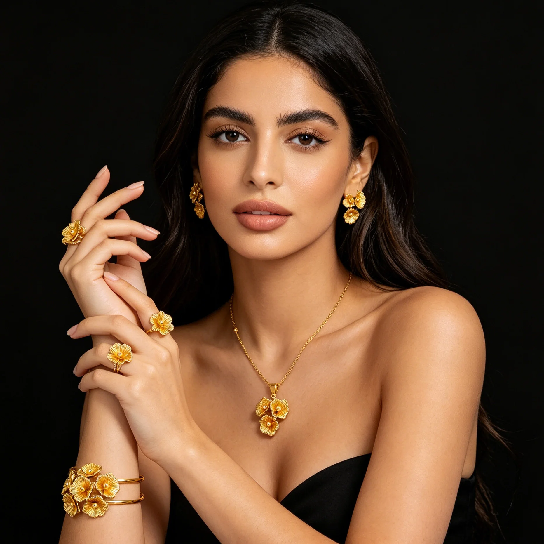 Dubai Blumen-Schmuckset Halskette Ohrringe Armband und Ring Damen-Accessoires Perfekt für Hochzeiten Geschenke und Großhandel – Detail 10