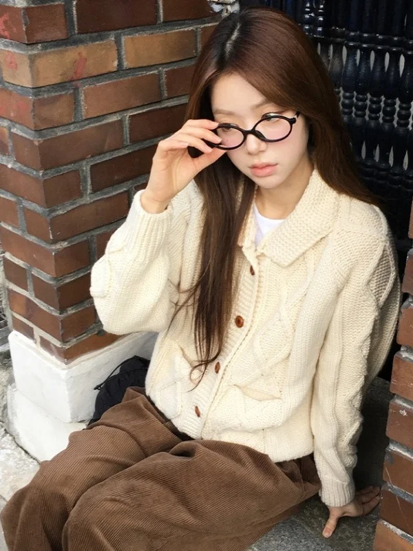 

Korean Sle Vintage Thi Knit Sweater Coat Women Winter Faion Youthful Turn-down Collar Twist Knitted Open Cardigan
