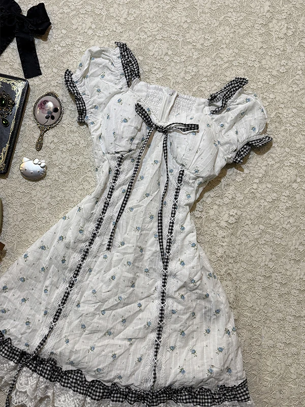 فستان صيفي أصلي بطباعة زهور عتيقة للنساء، تنورة قصيرة من الدانتيل بتصميم A-Line، مزيج قطني مريح بأكمام قصيرة