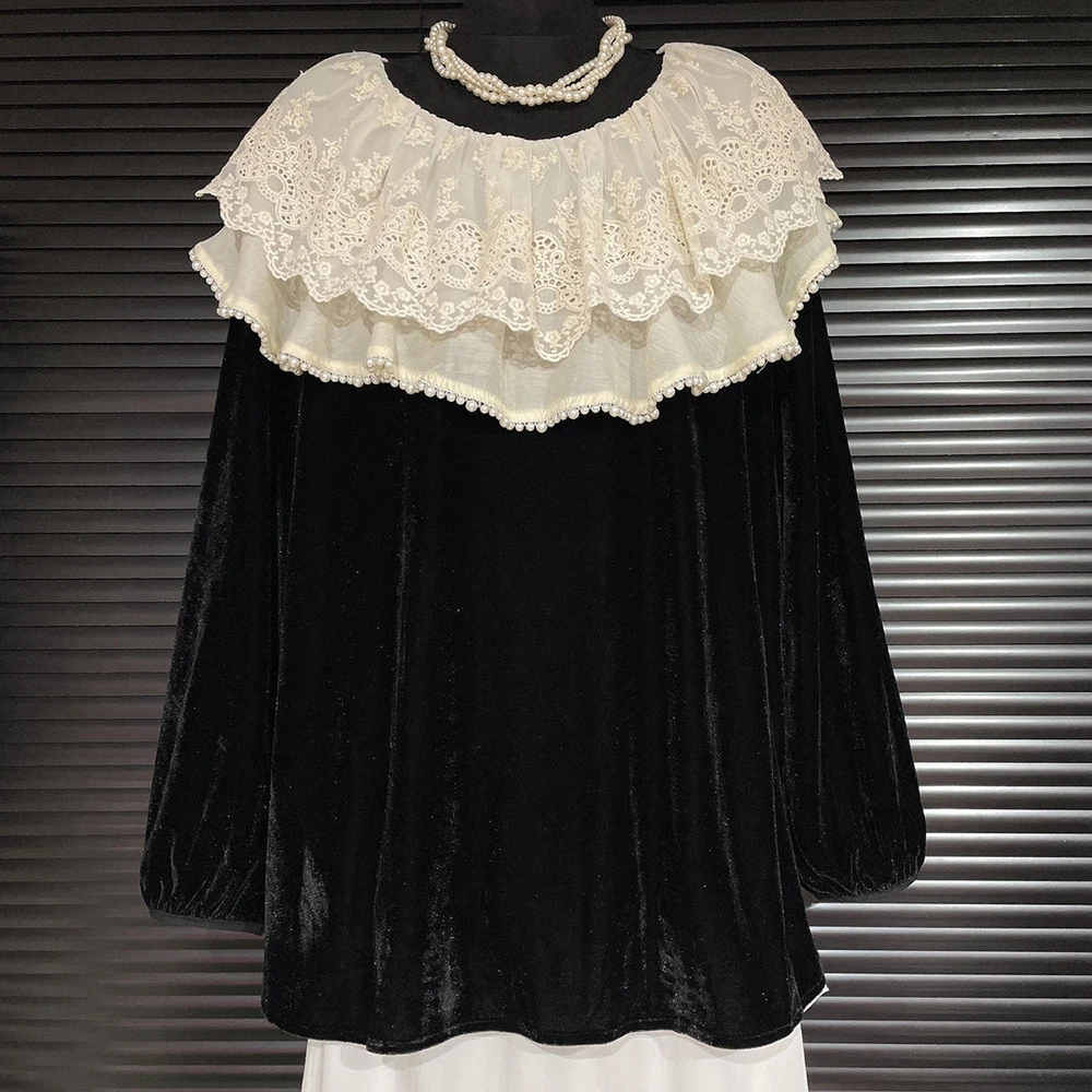 Loose and versatile lotus collar doll shirt 2024 autumn new Korean  contrasting lace velvet shirt top  blusa  tops mujer