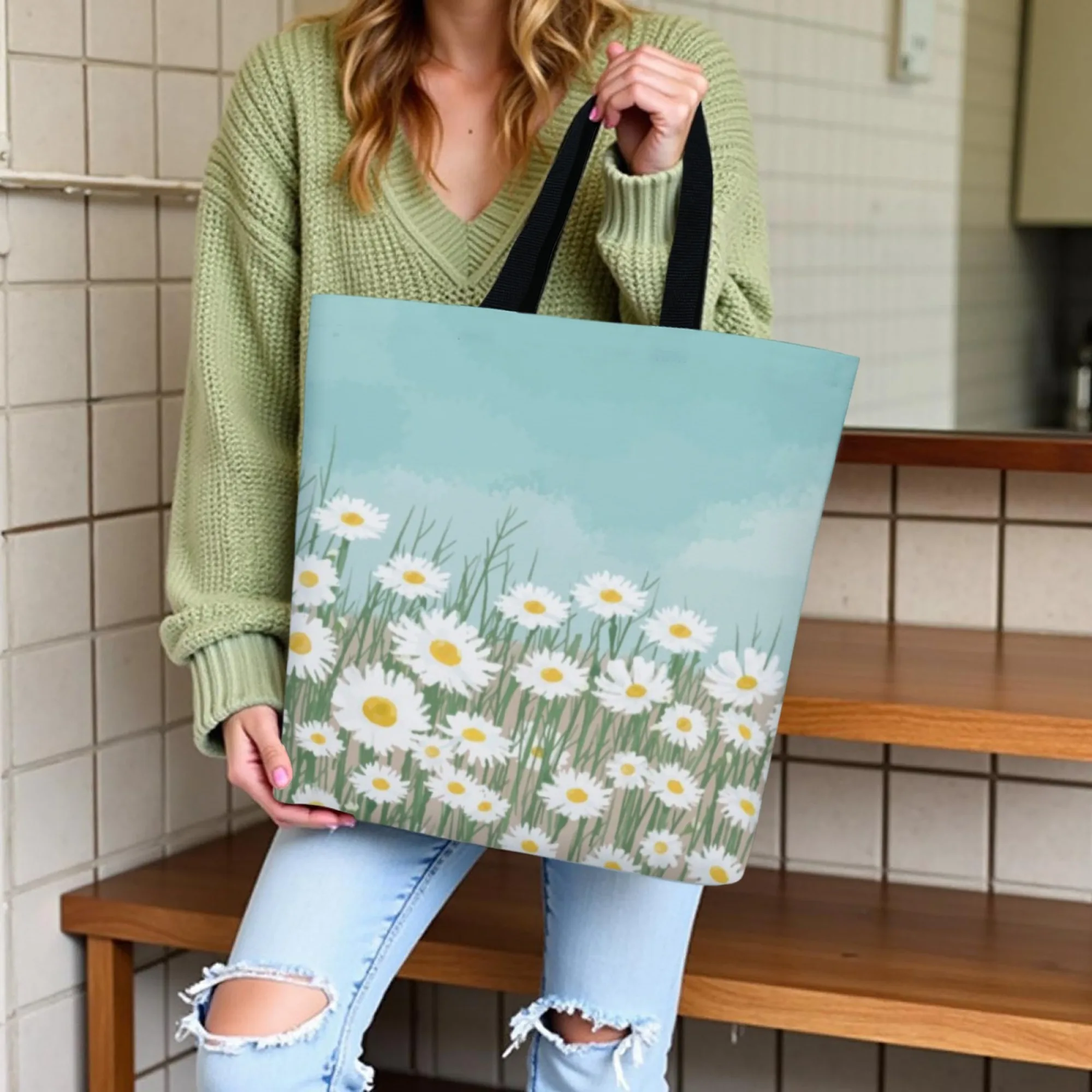 Durable Daisy Rural Canvas Tote Bag Sky Blue Fresh Print Large Capacity Casual Handbag for Women Reusable for Shopping Travel
