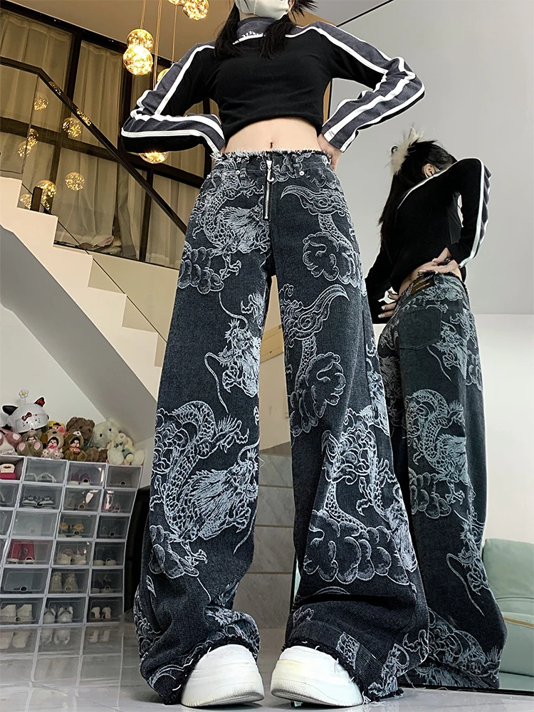 Women's Black Gothic Y2k Baggy Jeans Harajuku Japanese 2000s Style Dragon Print Denim Trousers Vintage Jean Pants Trashy Clothes