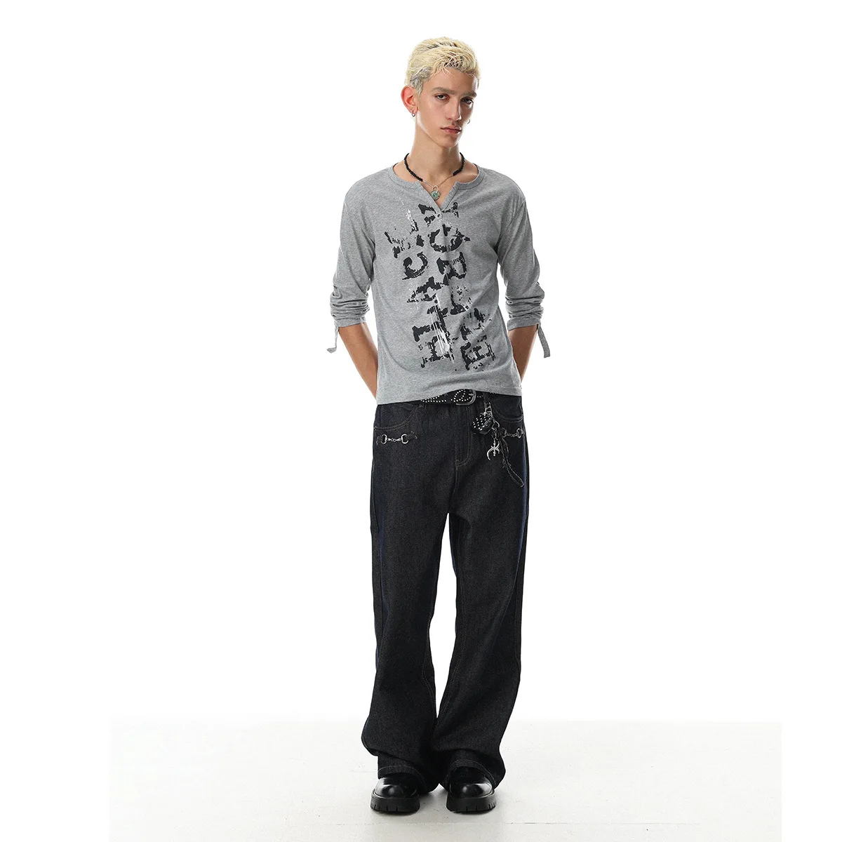 MWJLPWQ Slim Henley Notch Neck Long Sleeve Top Cracked Abstract Graffiti Distress Print Stretch Men Dark Street Basic Tee 16850