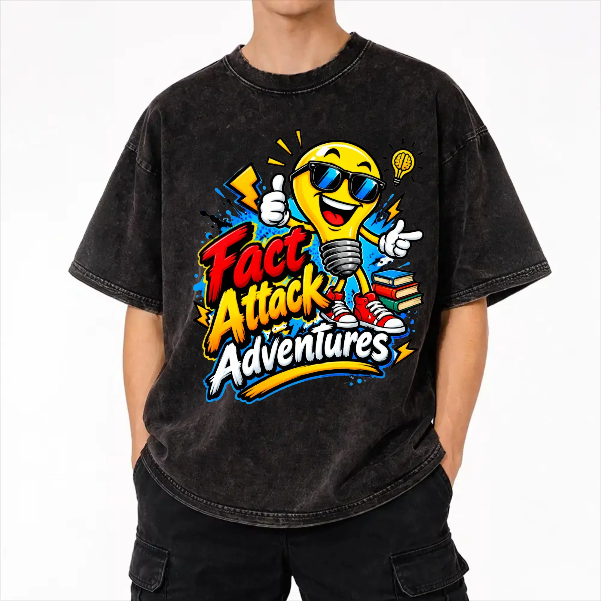 Fact Attack Adventures Lighty T Shirts Hip Hop Washed Short Sleeve Harajuku T-Shirt  Vintage for Men Women Streetwear