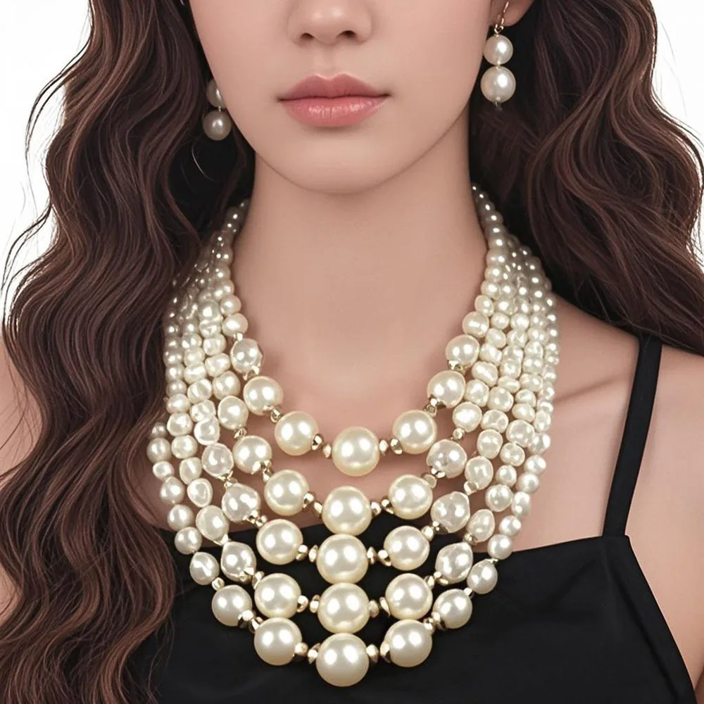 Extravagantes, mehrschichtiges Perlenketten- und Perlenohrring-Set, strahlt Eleganz und Vielseitigkeit aus.