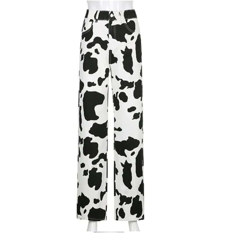 Animal Cow Printed Jeans High Waist Streetwear Denim Pants Gothic Straight Trousers Korean Fashion New Baggy Bottoms Autumn