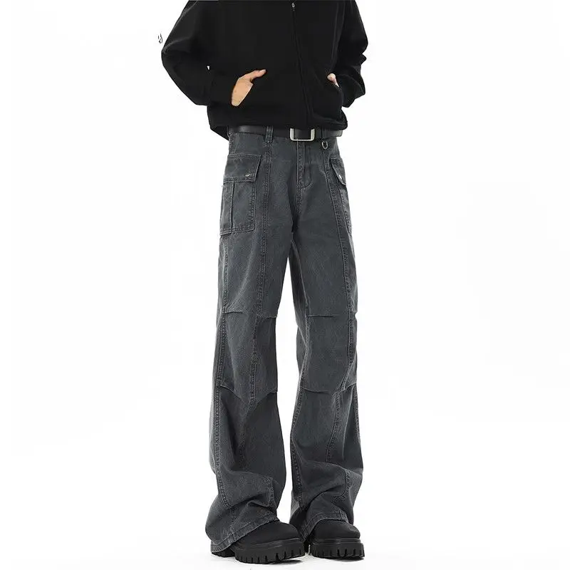 

Ретро-американские рабочие брюки унисекс, летние, свободные, плиссированные, прямые, повседневные, в стиле High Street, расклешенные, модные, хлопковые, с прямыми штанинами