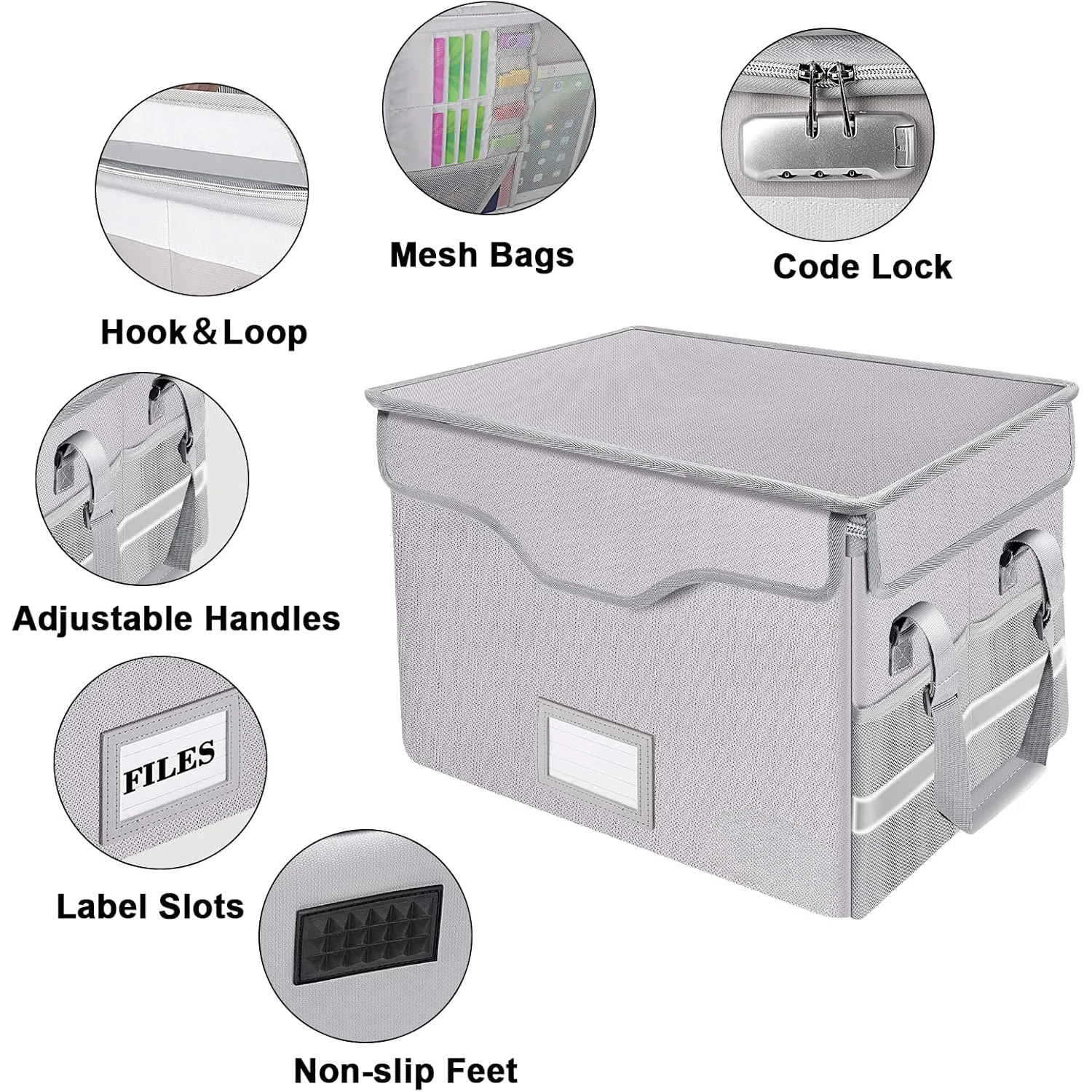 Fireproof Document Box with Lock,File Storage Organizer with Zipper Pockets,Collapsible Portable File Box Home Office Safe