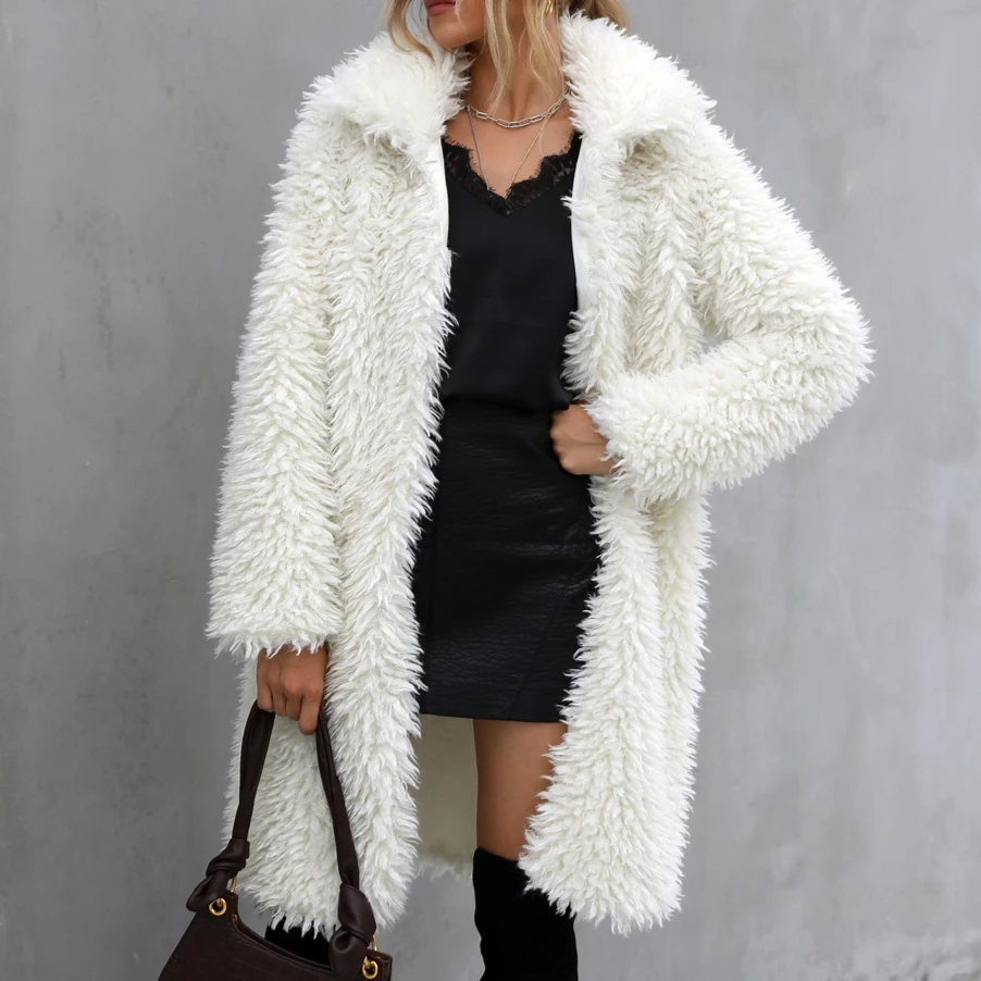 Y2k Faux Fur Coats Women Work Mid Length Coat Turn Down Collar Long Maxi Thick Streetwear Elegant Open Autumn Winter Jackets