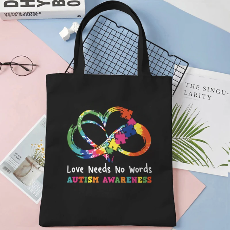 Autism Love Needs No Words Canvas Tote Bags for Women Hand Shoulder Bag Autism Is My SuperPower Large Capacity Shopping Bag