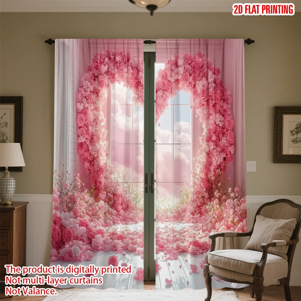 

2D flat printing 2pcs Party Curtains Valentine's Heart Flower Display Digital Printed Polyester Drapes Seasonal Party & Holiday