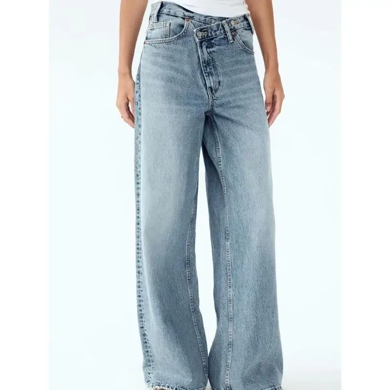 

Vintage Women Jeans Washed Asymmetrical Wide Leg Pants High Waist Baggy Irregular Denim Trousers