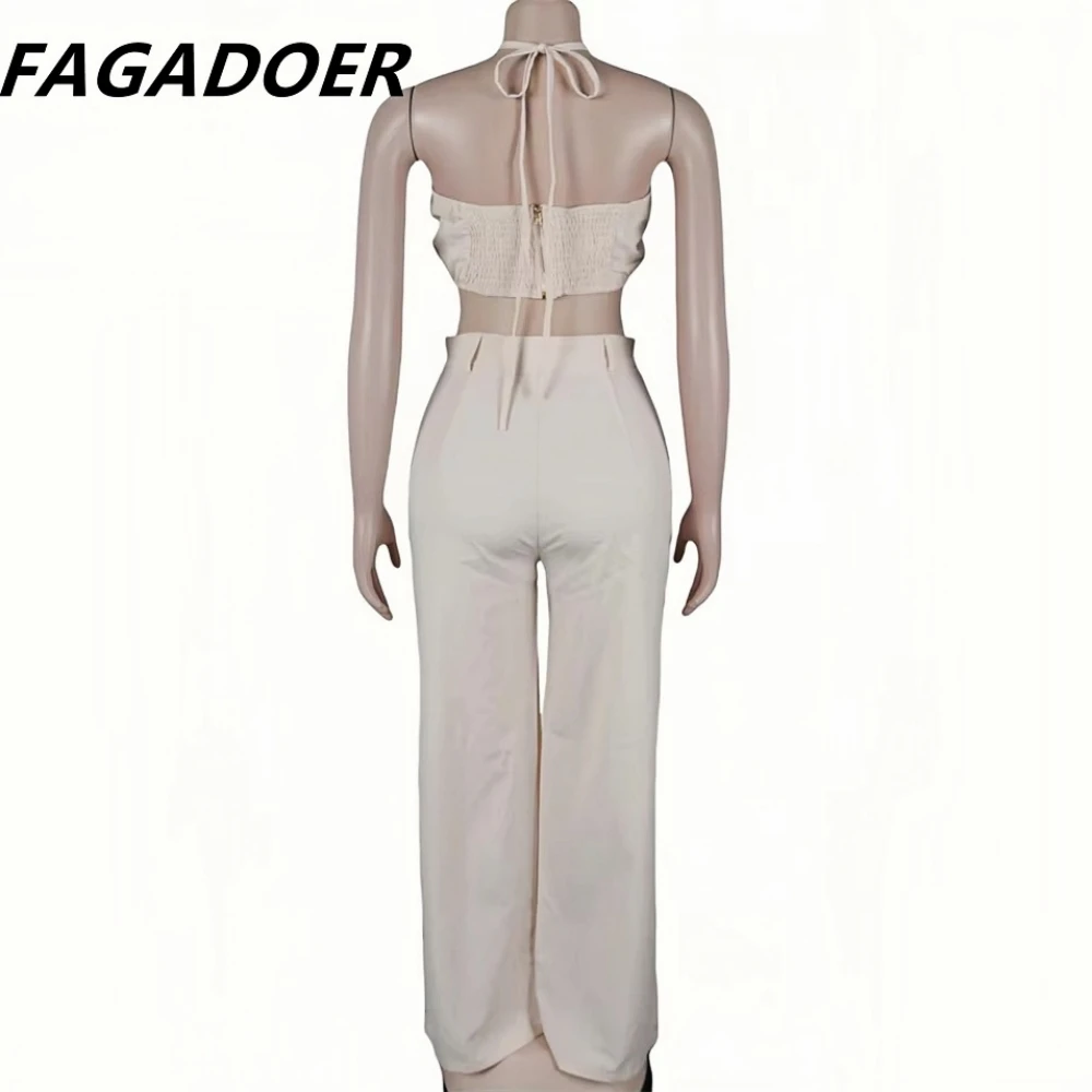 FAGADOER Sexy Solide Loch Breite Bein Hosen Streetwear Frauen Halfter Ärmellose Backless Crop Top Und Hosen Zwei Stück Sets Outfits