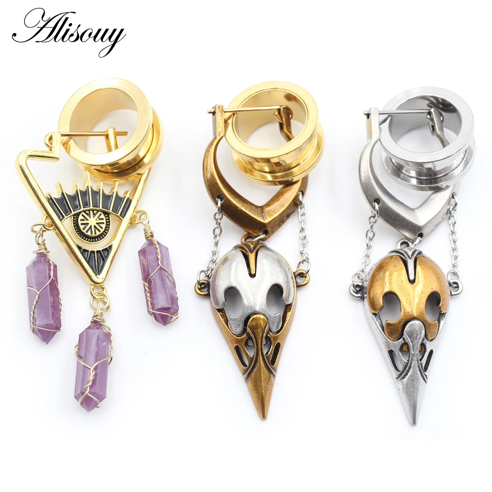 Alisouy 1PC Stainless Steel Beak Crow Skull Triangle Ear Tunnels Plugs Expander Stretcher Gauge Earrings Piercing Body Jewelry