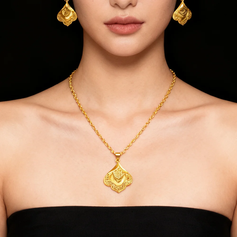 

Dubai 24K Gold Plated Necklace Earrings rings Jewelry Set For Women African Indian Nigeria Bridal Wedding Party Gift Jewellery