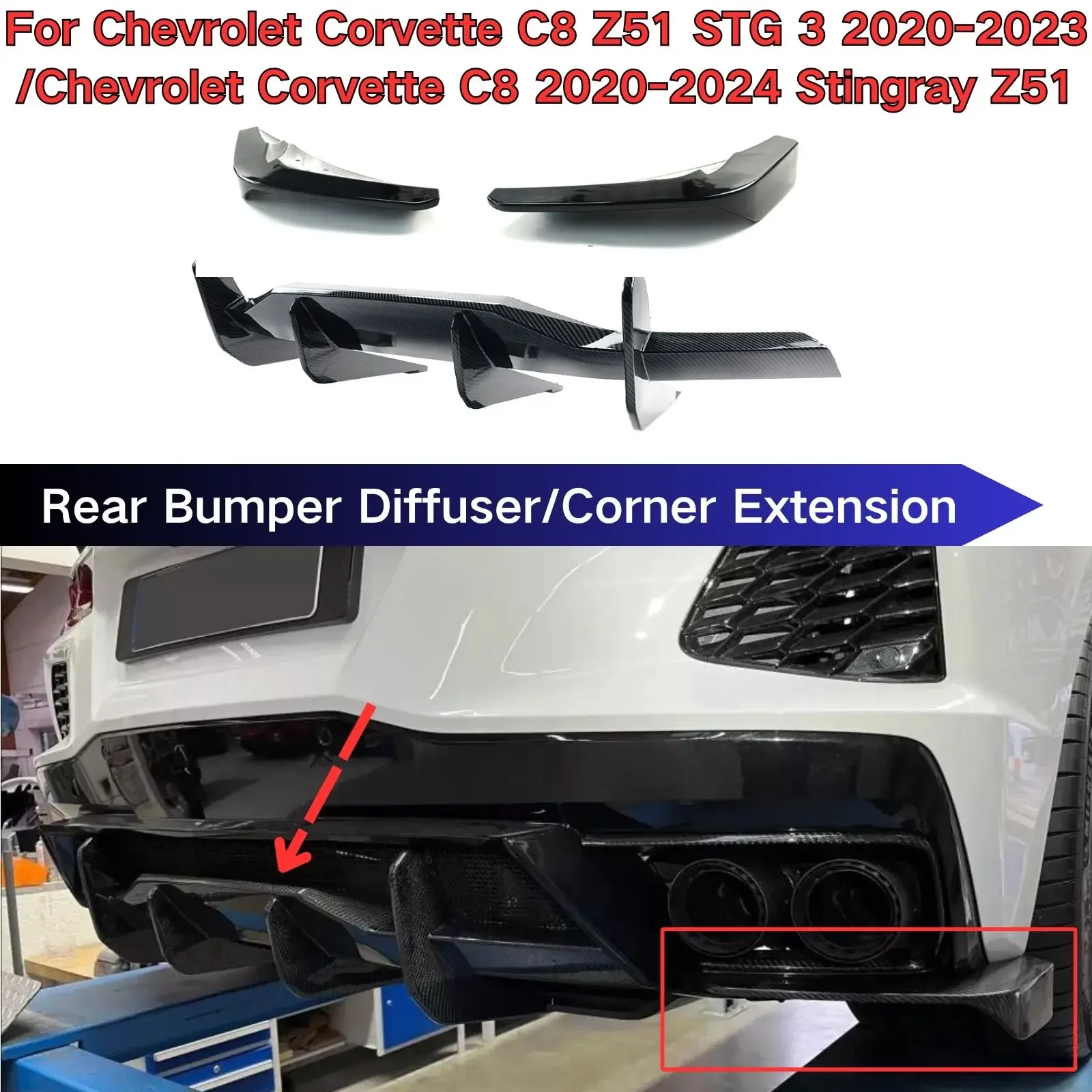 For Chevrolet Corvette C8 Z51 STG 3 2020 2021 2022 2023/Stingray Z51 Rear Bumper Diffuser &Corner Extension Spoiler Splitter