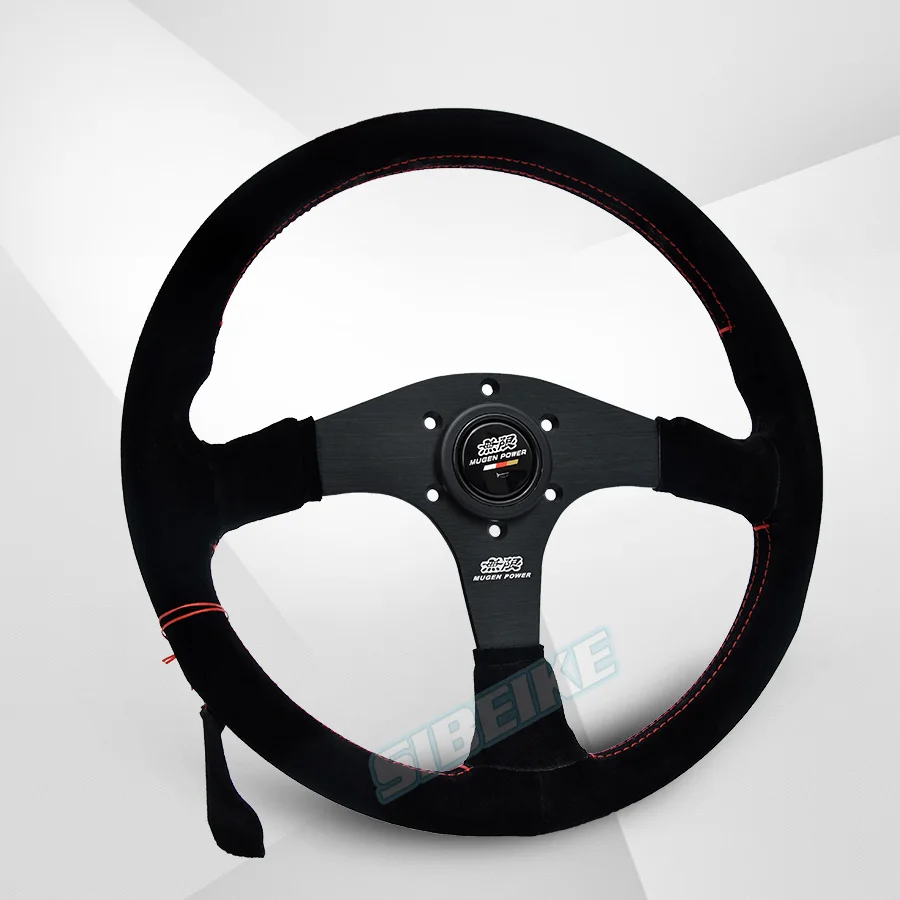 JDM Mugen Suede Leather Steering Wheel 14inch Red Parallel Stitch Black Spoke Steering Wheel