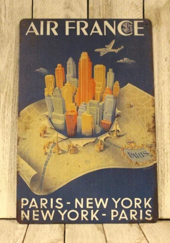 Fly Air France Paris to New York Tin Metal Travel Poster Sign Vintage Style Ad