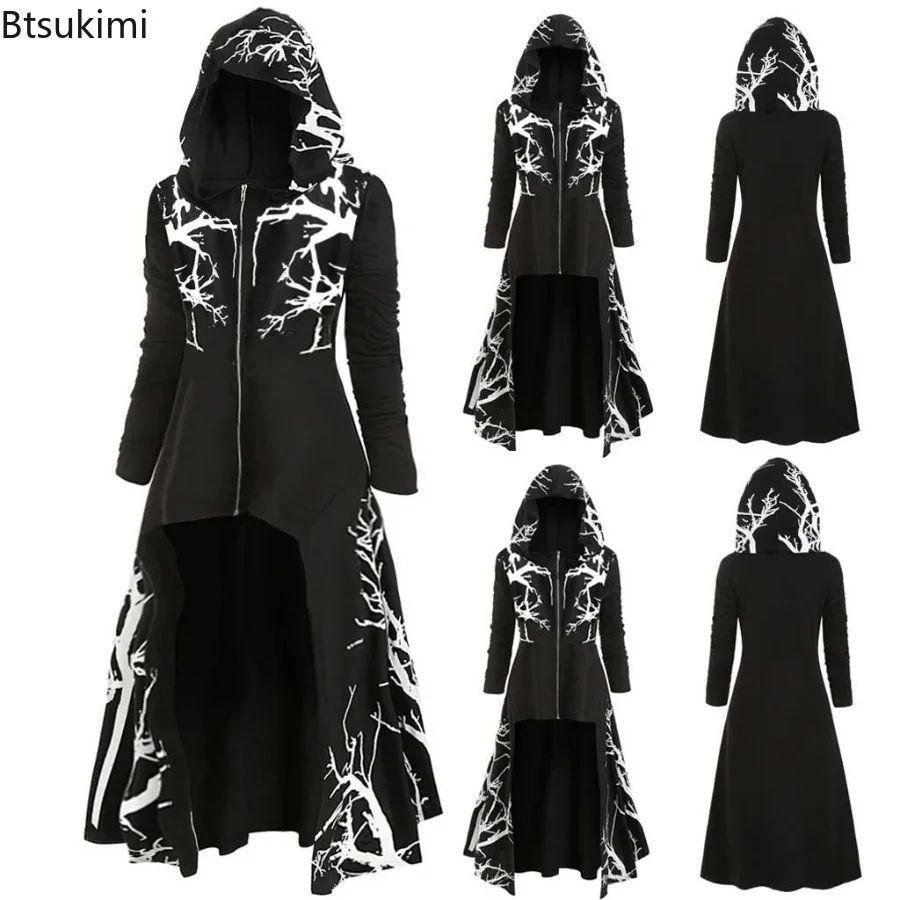 Unisex Erwachsene Männer Frauen Mittelalter Kapuzenumhang Mode 3D-Druck Saum Unregelmäßiger langer Mantel Mantel Halloween Kostüm Ponchos Cape Top