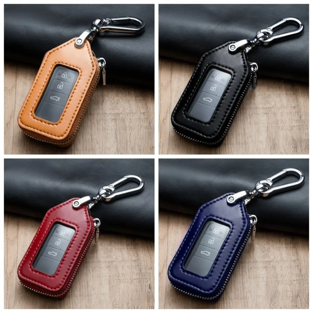 Durable Key Protection Case PU Leather Zipper Purse Car Key Holder Square Design Transparent Window Key Bag Case