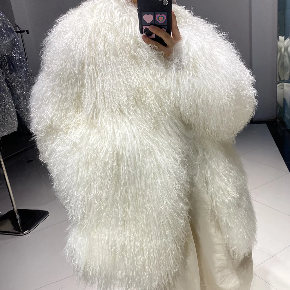 YOLOAgain Women's Long Mongolia Sheep Fur Jacket With Collar Real Fur Jacket 2024 Winter Outerwear