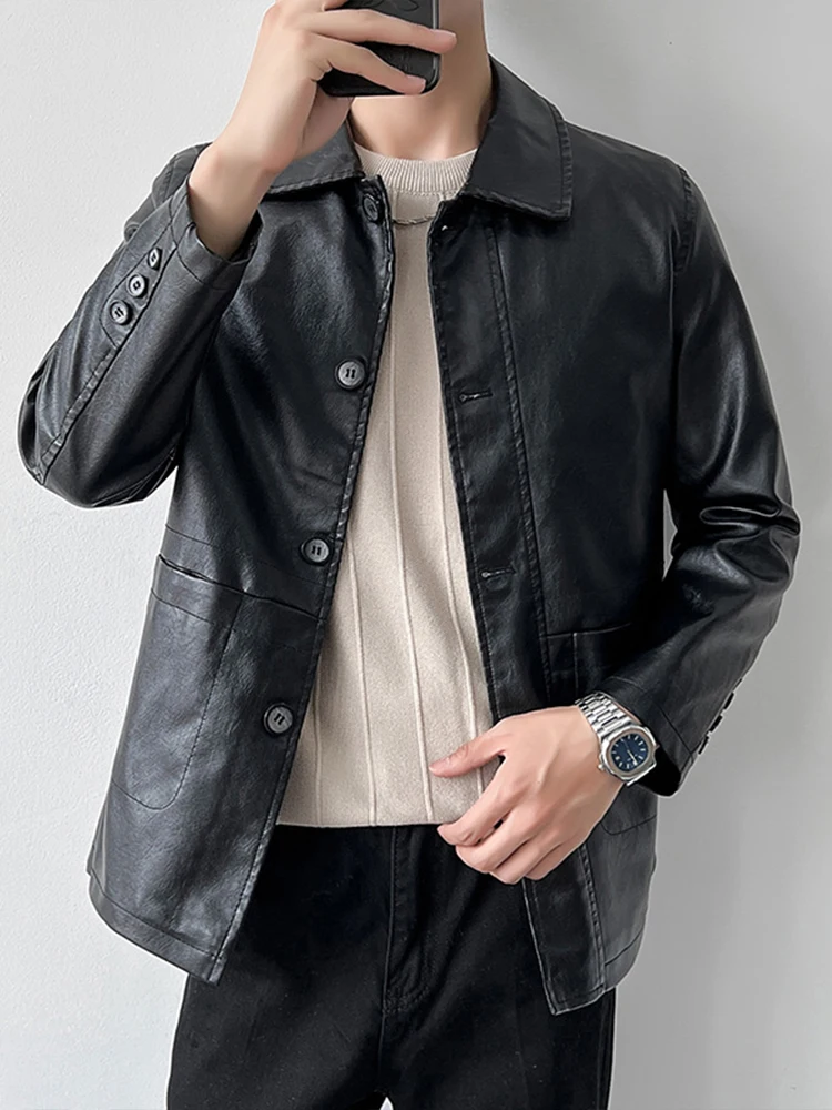 

Mens Motorcycle Jacket PU Leather Coat Mid-Long Length with Notched Lapel Collar for Spring Autumn Casual Wear Windbreaker