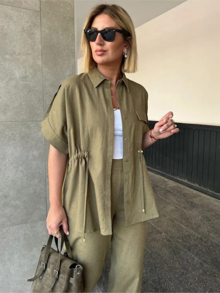 

Women's Summer Two Piece Set Loose Shirt High Waist Wide Leg Pants Set Trendy Casual Elegant Solid Color Set Commuting Outfits