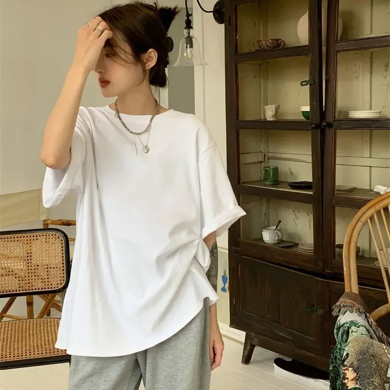 Camiseta de algodão puro manga curta feminina, extragrande, simples, gola redonda, top de meia manga, preto e branco, versátil, verão