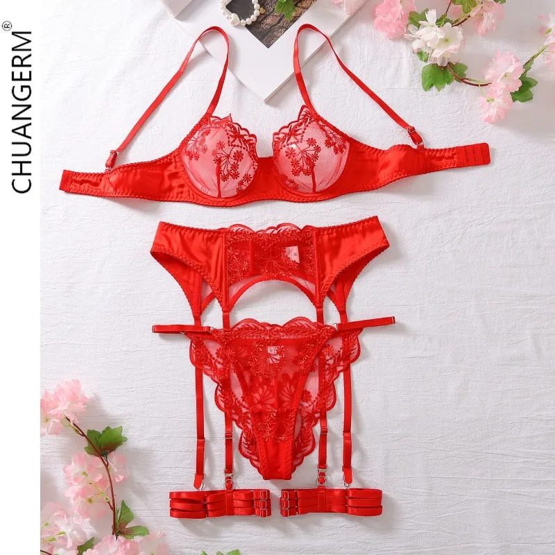 

CHUANGERM Sexy Lingerie Sets Lace Garter belt Sheer Fluoroscopy embroider Embroidery patchwork sexy body shaping lingerie