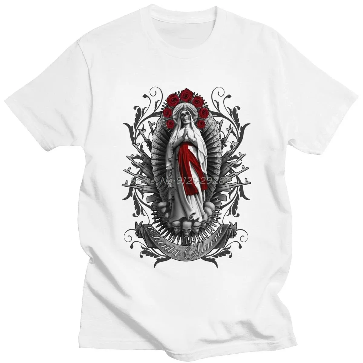 Fashion Men Santa Muerte T Shirt Short Sleeved Cotton Gothic Street Tops Lady of Holy Death T-shirt Mexican Skull Tee Clothing