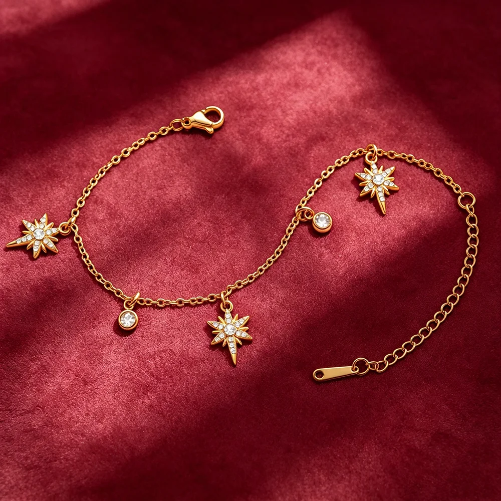 CoolTime Stainless Steel North Star Charm Bracelet For Women Gold Color Starburst Dangle Bracelet Zircons Celestial Jewelry Gift