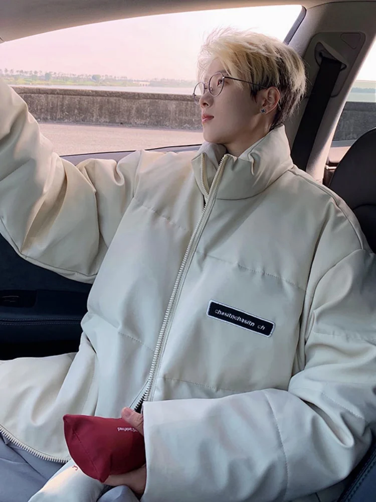 

Men's PU Leather Cotton Jaet Winter Thi Warm Bread Sle Outerwear Casual Loose Workwear Polyester Fiber Zipper Closure