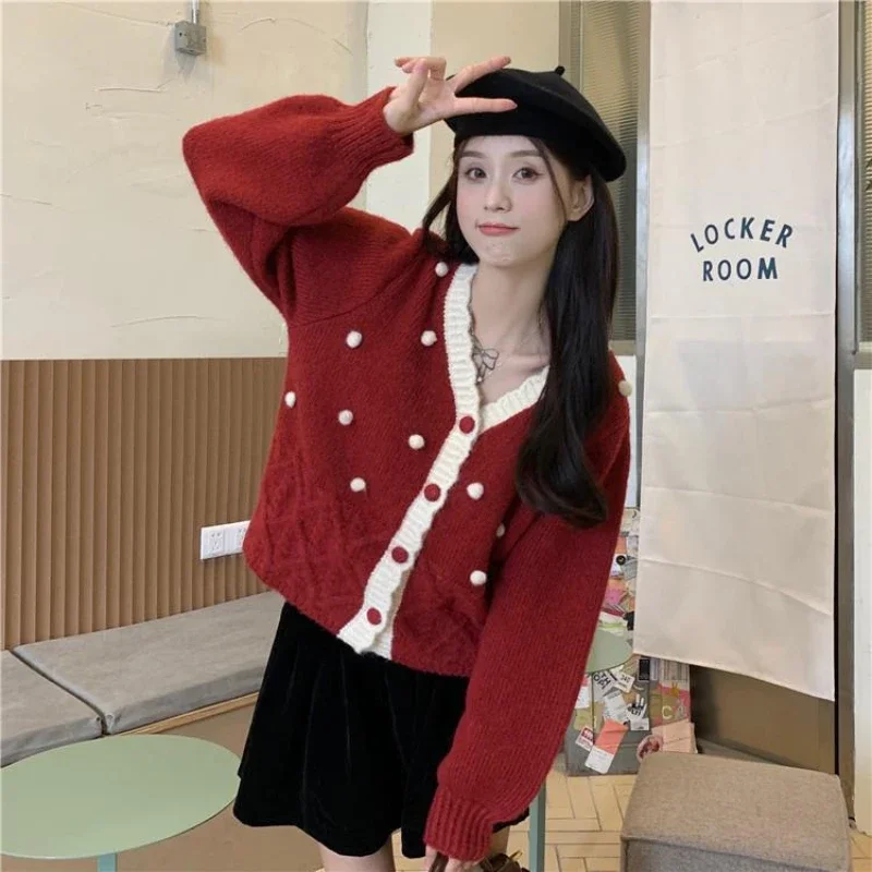 

Kimotimo Beautiful Sweater Cardigan 2023 Spring Autumn Women Red V-neck Sweet Gentle 3D Design Sense Loose Lazy Knitted Coat