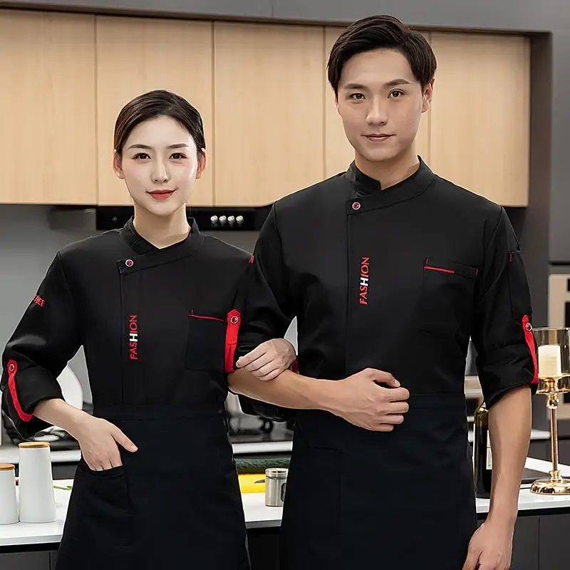 Overalls Long Sleeve Men's Hotel Catering Restaurant Canteen Kitchen Autumn and Winter Chef Uniform Printed Logo