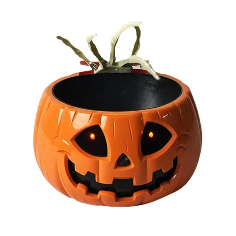 

Halloween Candy Bowl Auto Sensing Electric Candy Dish Large Capacity Pumpkin Horror Candy Dish with Skeleton for Haunted House