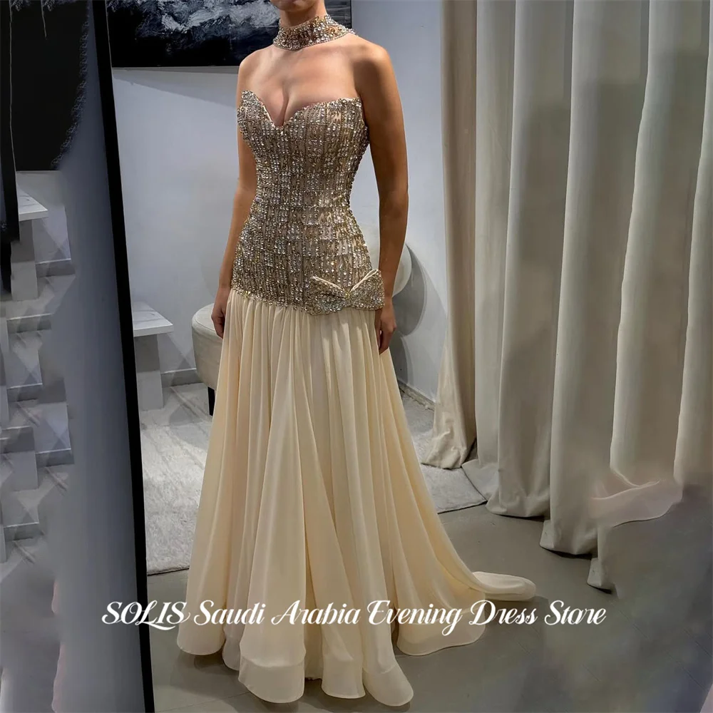 SOLIS Champagne Party Dress Strapless Evening Dress with Bow Prom Gown Sequin فساتين مناسبة رسمية Customized