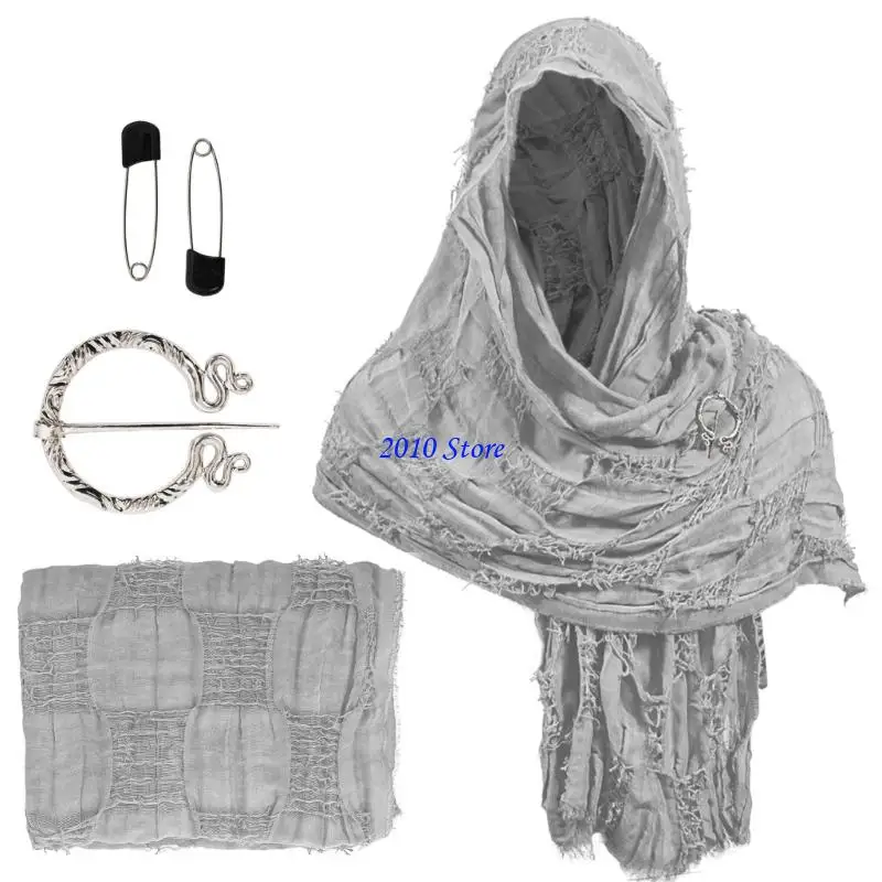 

F3MF Medieval Waste Land Scarf Shawl Renaissant Costume Accessory With Shawl Brooch Unisex Cotton Blend Cloak for Halloween