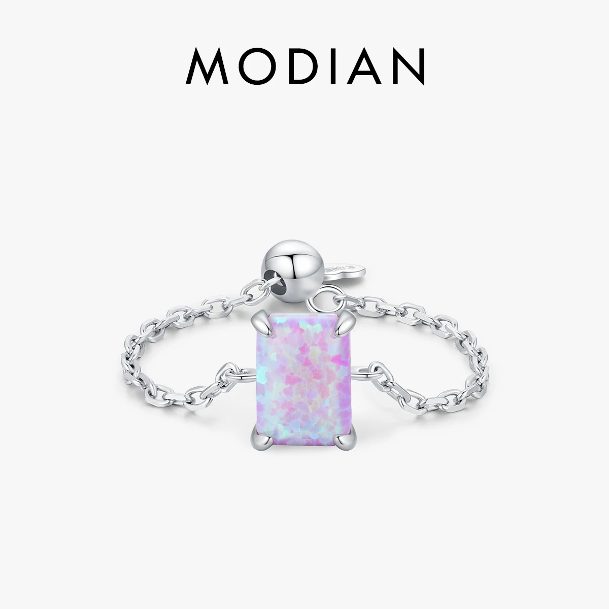 

Modian 925 Sterling Silver Purple Color Opal Adjustable Ring Trendy Rectangle Link Chain Rings for Women Trendy Fine Jewelry