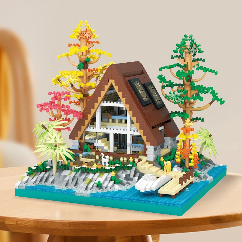 

Lake Island Wooden House Building Micro-Particle Street View Assembly Building Block Puzzle Construction Children Toys for Kids