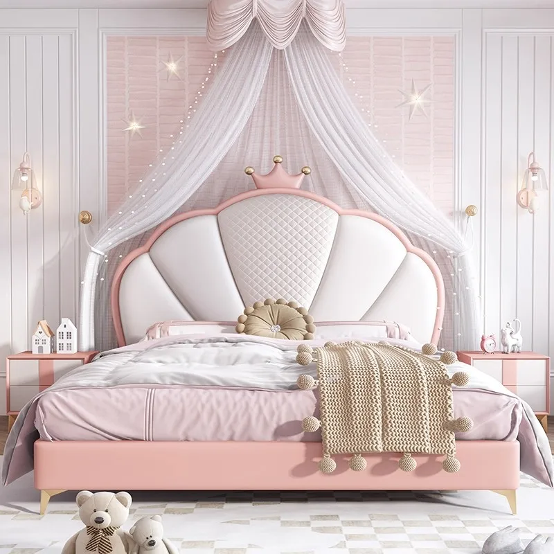 Modern Children's Bed Soft Bag Backrest 1.8 Meters Double Princess Bed Bedroom Crown Design Wooden Bed Leather Upholstery